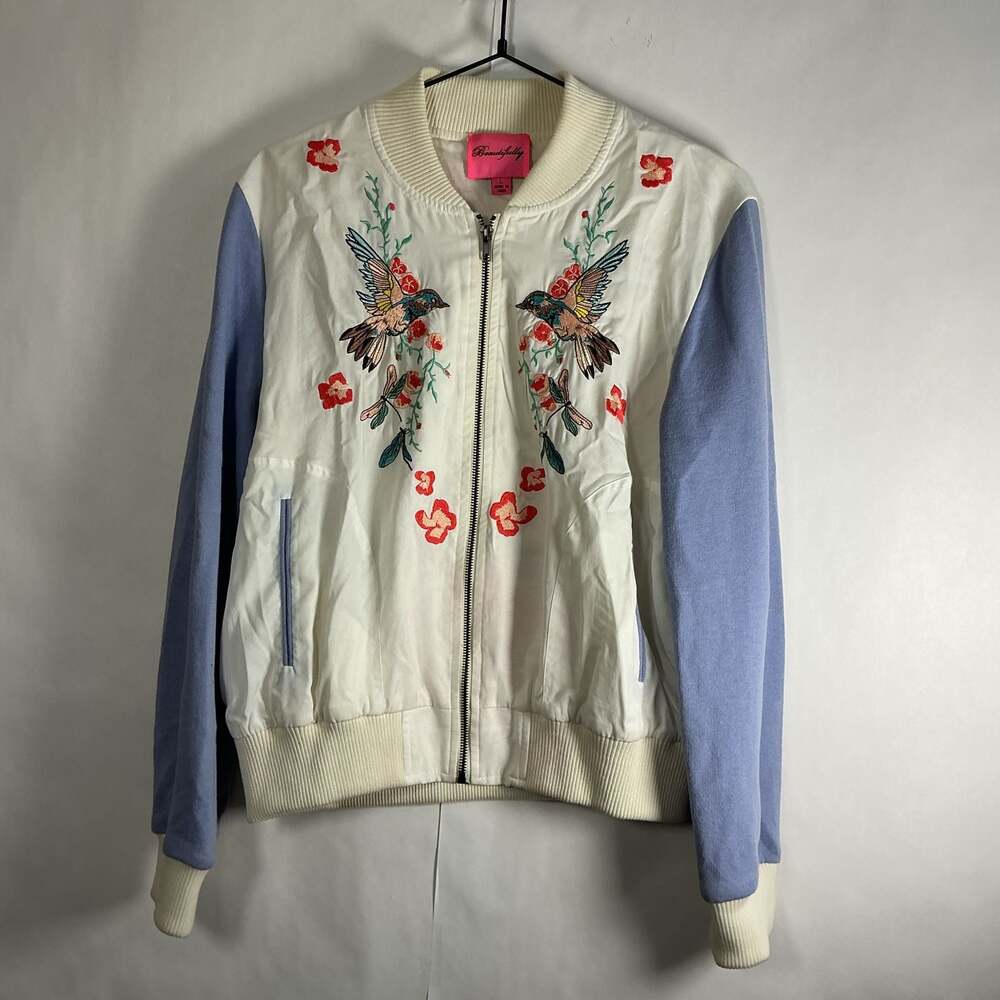 Beautifully Embroidered Bird and Floral Bomber Jacket Blue White Size L